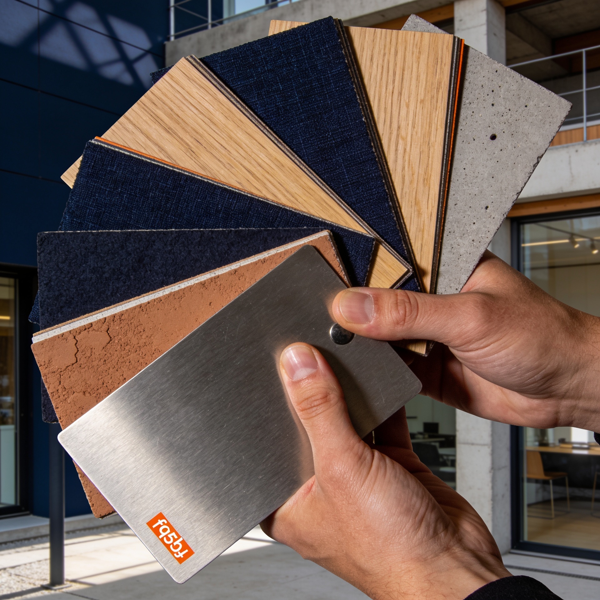 Hände mit Materialmustern aus Eiche, Stoff und Lehm
