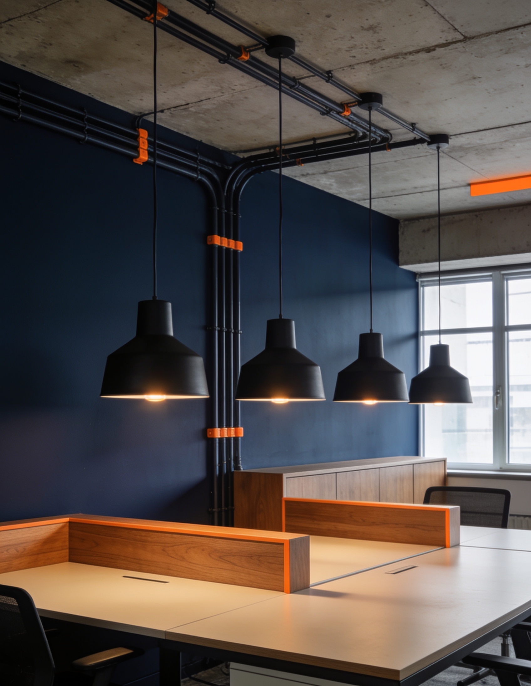 Mattschwarze Pendelleuchten und Elektroinstallation an navyblauer Wand