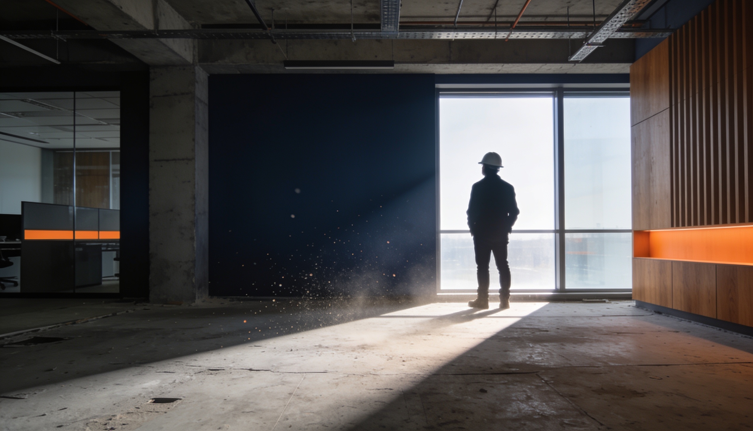 Silhouette eines Architekten mit Helm vor raumhoher Verglasung im Rohbau