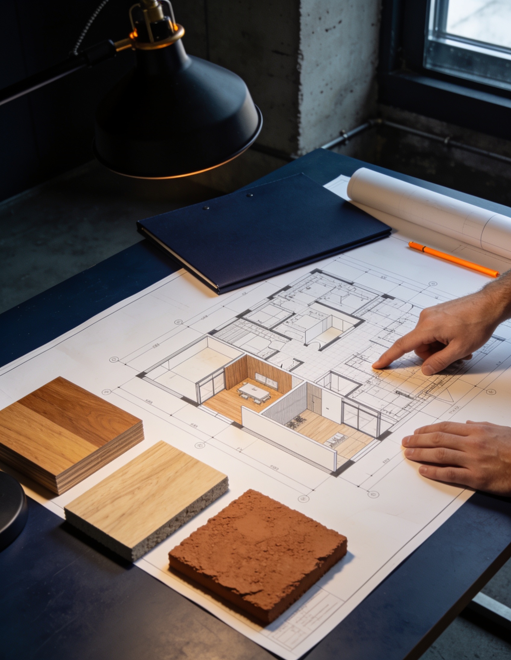 Architektentisch mit Grundrissplänen und Materialmustern
