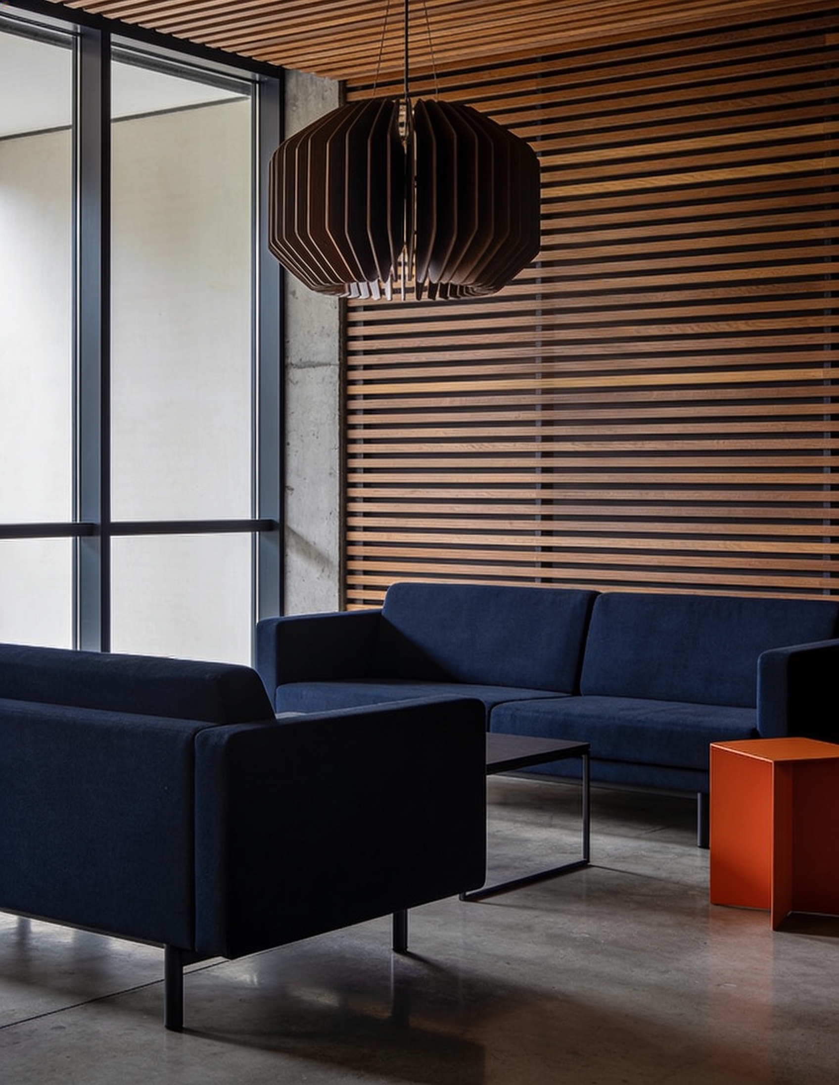 Premium-Bürolounge mit navyblauen Sofas und Eichenlamellen
