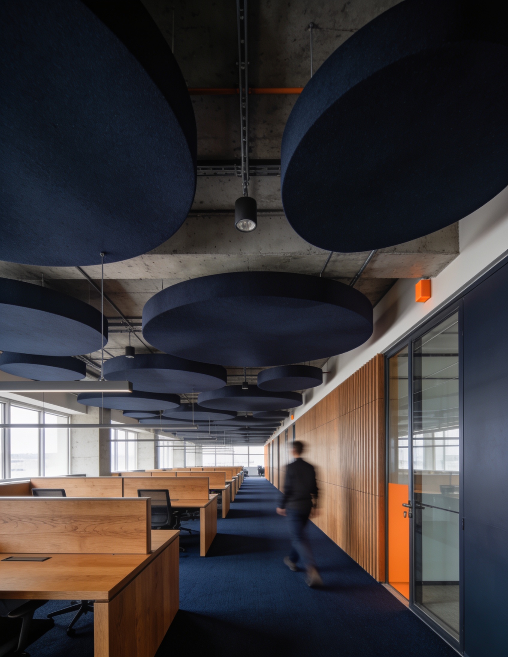 Open-Space-Büro mit Akustikbaffeln und Eichenholz